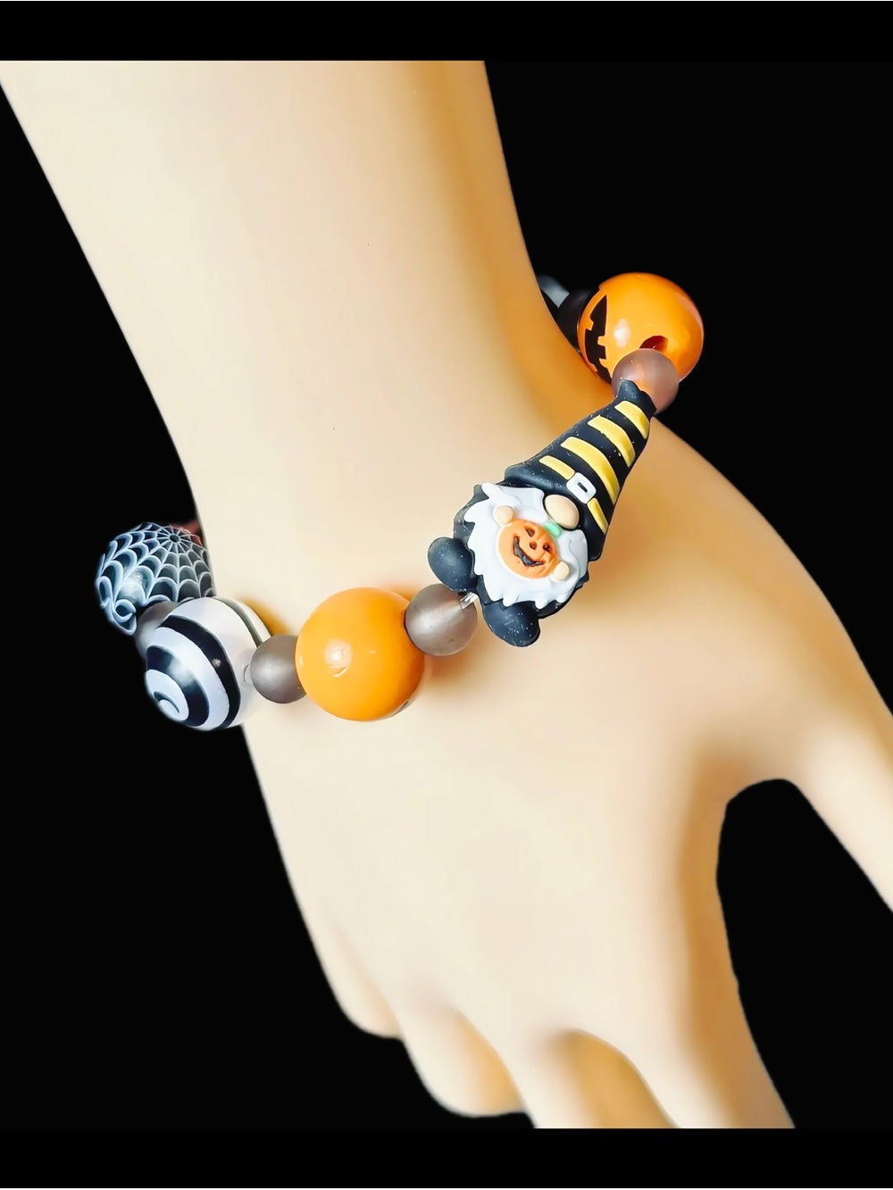 Halloween Kids Stretch Bracelet – Orange & Black Pumpkin Charm